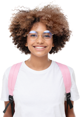 A student wearing glasses and a backpack.
