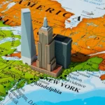 A 3d model of high-rise buildings sitting on top of a map of the USA and Canada.