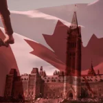 A Canadian flag superimposed over an image of parliament.