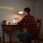 A writer working in a dark home office, with one light on and sticky notes on the wall.