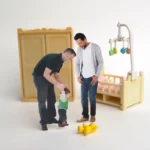 A couple teaching their young child how to walk.