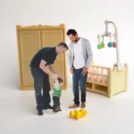 A couple teaching their young child how to walk.