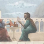 Pythagoras and a student discussing theorem.