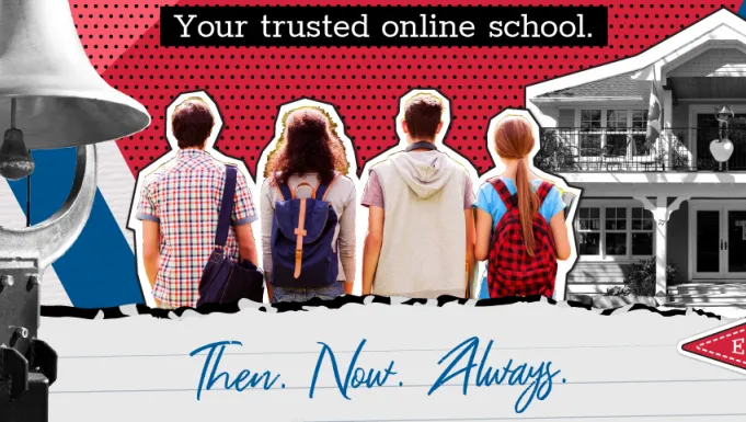 Your trusted online school with students standing in front of virtual high school.
