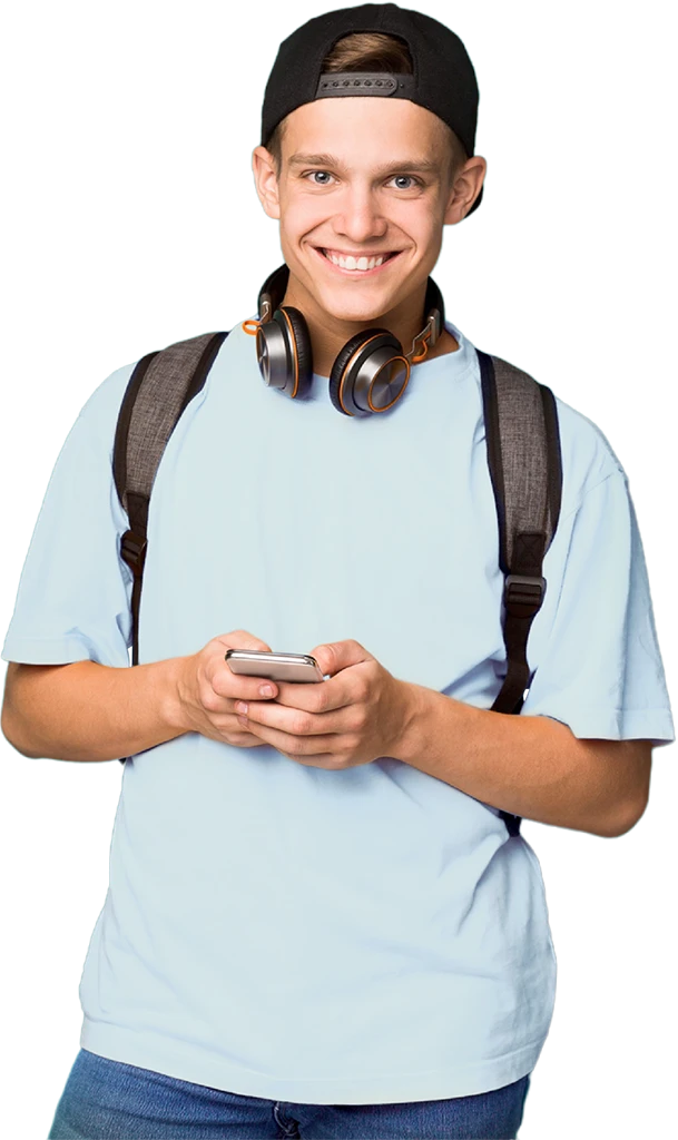 A student with headphones holding a cell phone.