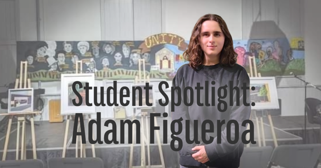 A boy standing in front of a Black History Month mural that says unity across the top with Student Spotlight: Adam Figueroa text on it